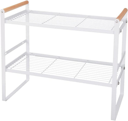 Kitchen Counter Shelf, 2 Tier Space Saving Organizer with Wood Handle, 16.1 x 8.3 x 12.8 Inches (White)