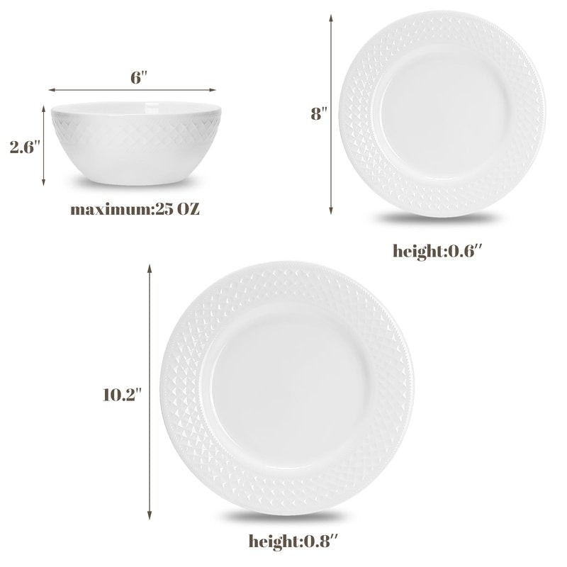 QUANSHANGJU 18-Piece Bone China Dinnerware Set for 6, White Porcelain Plates and Bowls with Textured Design, Lightweight Microwave Dishwasher Safe for Family Dining