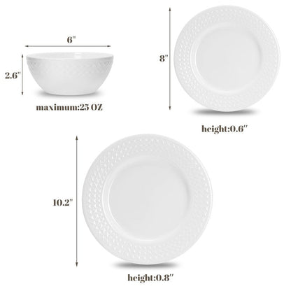 QUANSHANGJU 18-Piece Bone China Dinnerware Set for 6, White Porcelain Plates and Bowls with Textured Design, Lightweight Microwave Dishwasher Safe for Family Dining
