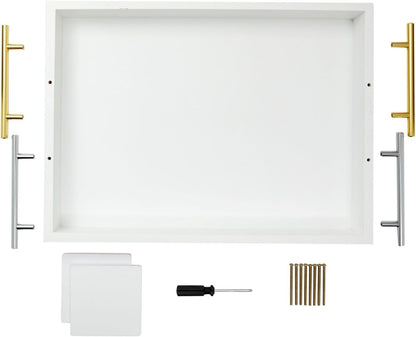15.7" 11.8" 3.1" Juvale Ottoman Tray with Coasters & Interchangeable Gold & Silver Handles - x x - White Rustic Wood