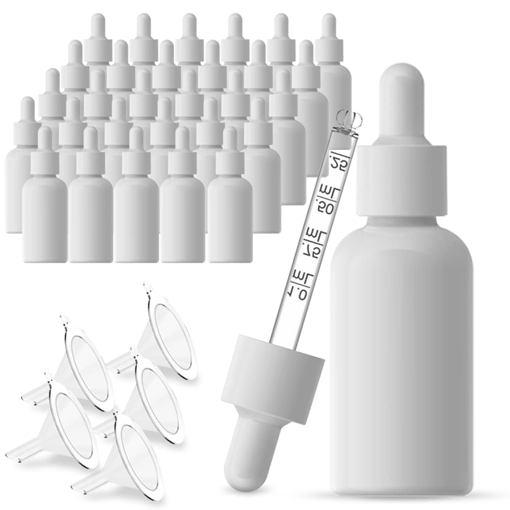 seafulee 1oz White Coated Eye Glass Dropper Bottles (30ML) with White Cap and Pipettes, UV Safe Bottles for Essential Oils and Aromatherapy (Pack of 30)