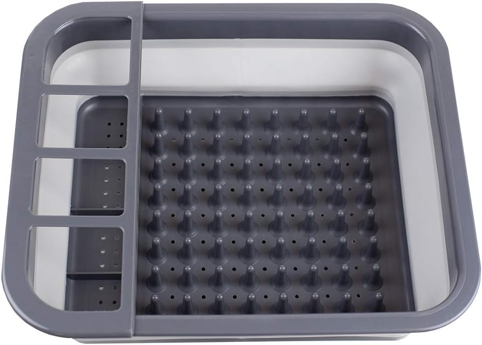 Home Basics Grey Silicone and Plastic Easy Storage Collapsible Dish Rack with Cutlery Holder