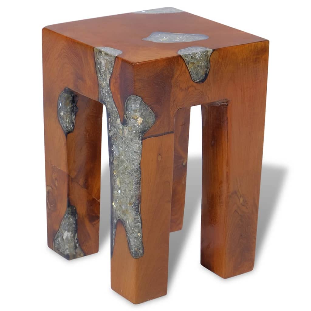 GOLINPEILO Unique Stool Solid Teak Wood and Resin 11.8" x 11.8" x 15.7", Fully Handmade Wooden Bench Solid Wood Dining Bench Rustic Home Décor Furniture, Rustic Wooden Entryway Bench(Style A)