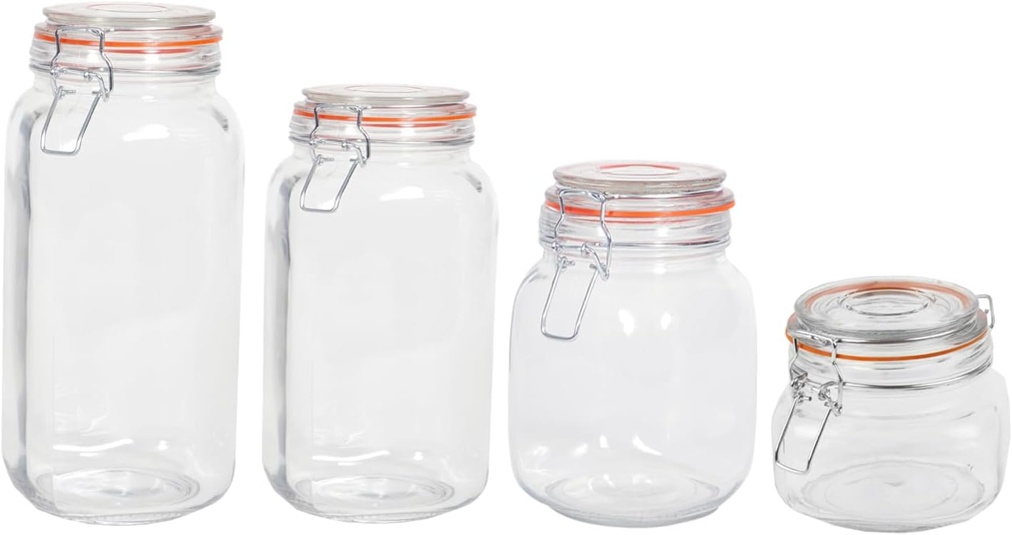 Home Basics 4 Piece Canister Set for Kitchen, Clear Glass with Metal Latches & Silicone Seals