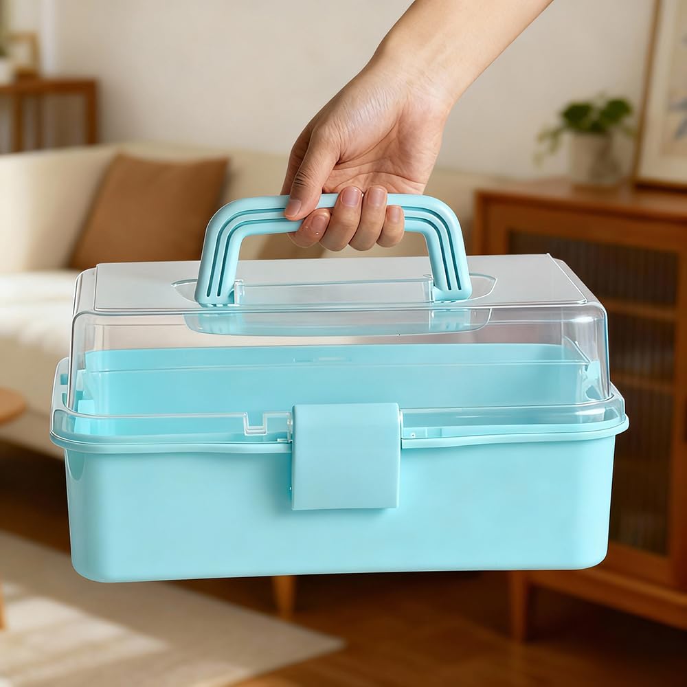 WINDAWNKE 3 Layers Blue Craft Art Box, Plastic Portable Tackle Box, Sewing Organizer for Crafts, Sewing Supplies, Jewelry and Tools