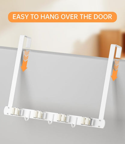 Broom Holder Over The Door - 304 Stainless Steel Mop and Broom Holder Wall Mounted or Hanging Over The Door with Hooks - Broom Hanger - white, Broom Storage Tool Organizer for Closet Laundry
