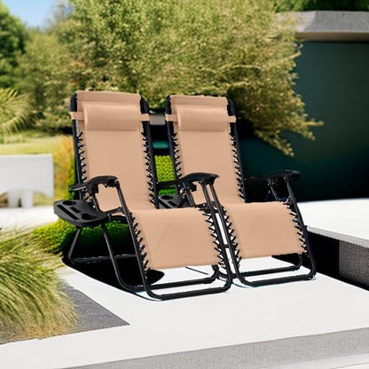 Best Choice Products Adjustable Steel Mesh Zero Gravity Lounge Chair Set - 2 Recliners with Pillows & Cup Holders - Beige