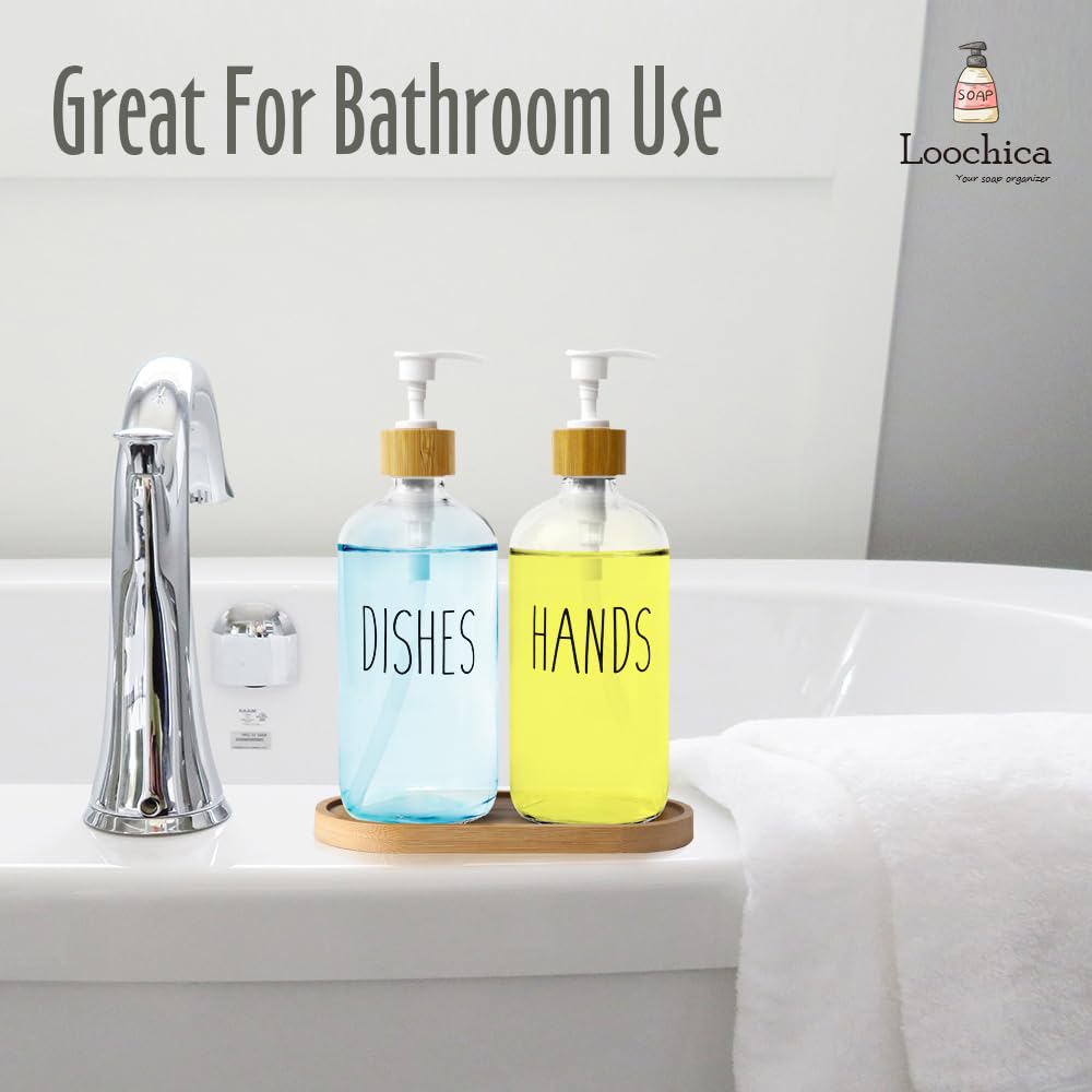 LOOCHICA Clear Glass Soap Dispenser Set with Tray, Transparent Dish and Hand Soap Dispenser Set, Refillable Reusable Apothecary Soap Pump Dispenser Bottles for Bathroom and Kitchen