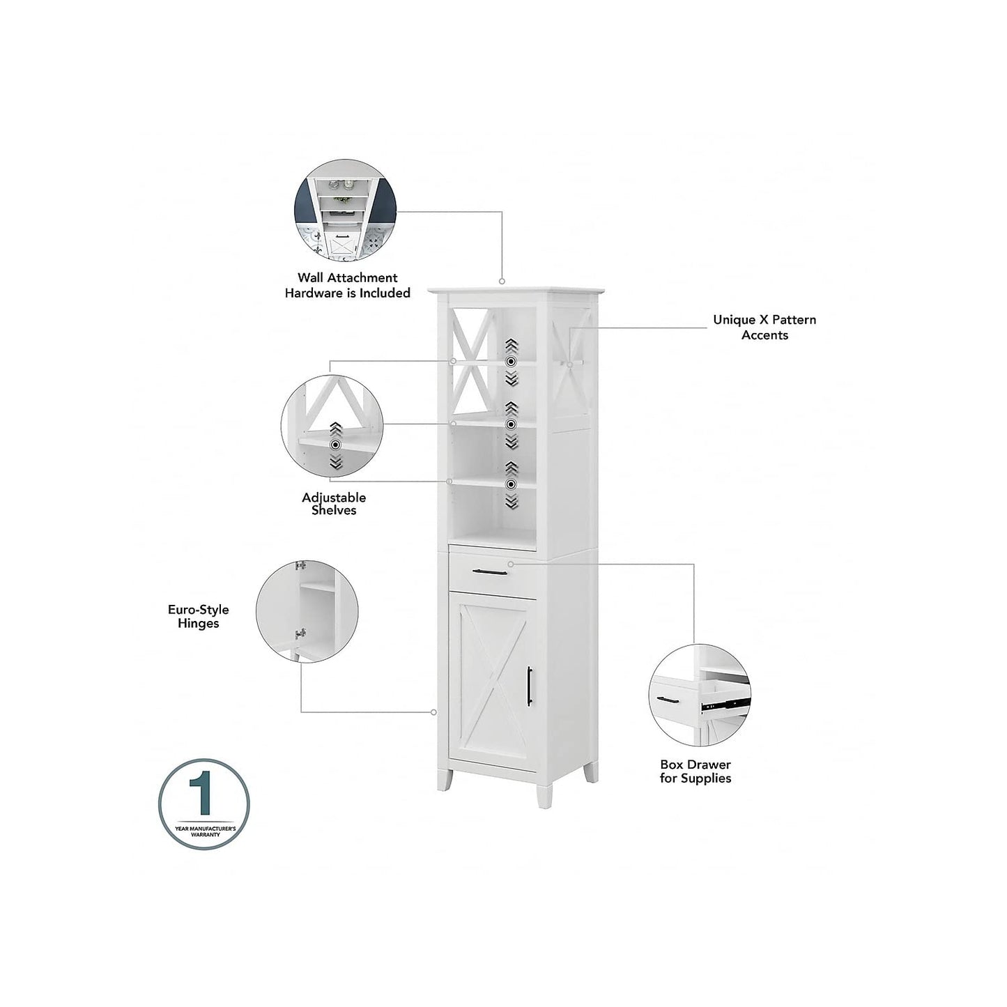 Bush Home Key West 48W Double Vanity Set with Sinks, Medicine Cabinets and Linen Tower in White Ash