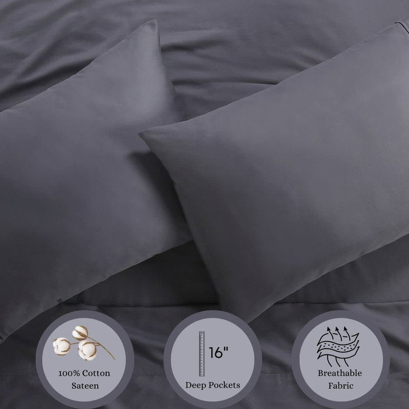 Anne Klein Reverie 100% Cotton Solid Sheet Set, King, Charcoal