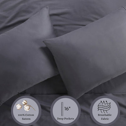 Anne Klein Reverie 100% Cotton Solid Sheet Set, King, Charcoal