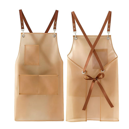 FunFlare 2 Pack Waterproof Translucent Apron with Large Pockets,Cross Back Apron Cooking Apron for Dishwashing, Cleaning Fish, Gardening, Lab Work, Butcher and Dog Grooming(White&Brown)