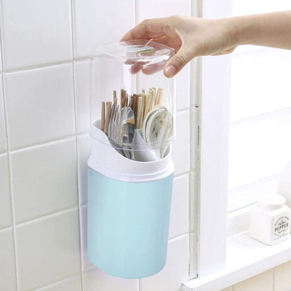 Blue Kitchen Utensil Holder with Cover, 4 Compartment Wall-Mounted Plastic Silverware Holder, Utensil Drying Rack for