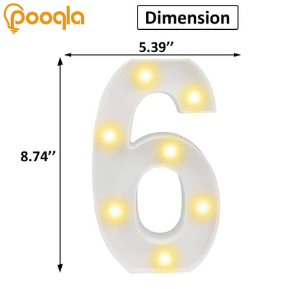 Decorative Led Light Up Number Letters, White Plastic Marquee Number Lights Sign Party Wedding Decor Battery Operated Number (6)