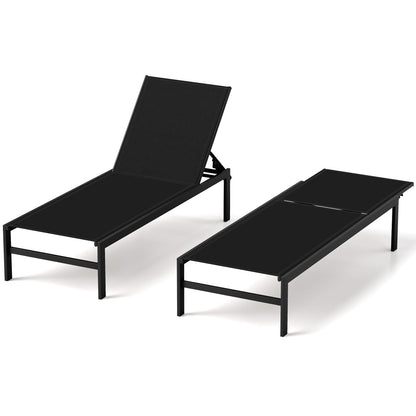 HAPPYGRILL Aluminum Chaise Lounge Chair, Heavy-Duty Patio Recliner W/ 6-Level Backrest & Breathable Fabric, Outdoor Lightweight Reclining Lounge Chair for Backyard, Poolside, Porch (2, Black)