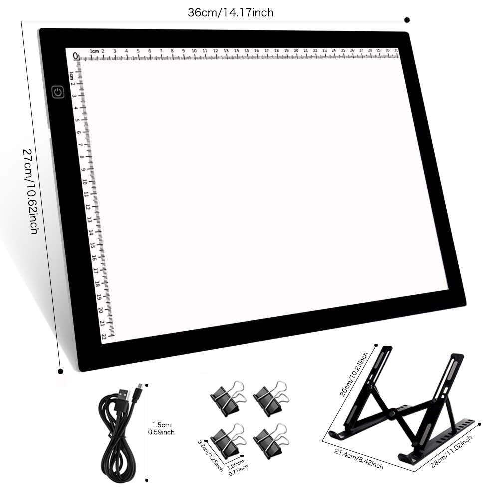 HUAYEYC B4 LED Copy Board Light Tracing Box, 3 Levels Adjustable Brightness Light Pad, for Tattoo Drawing, Streaming, Sketching, Animation, Stenciling, Vinyl Weeding, with 4Pcs Clip and Stand
