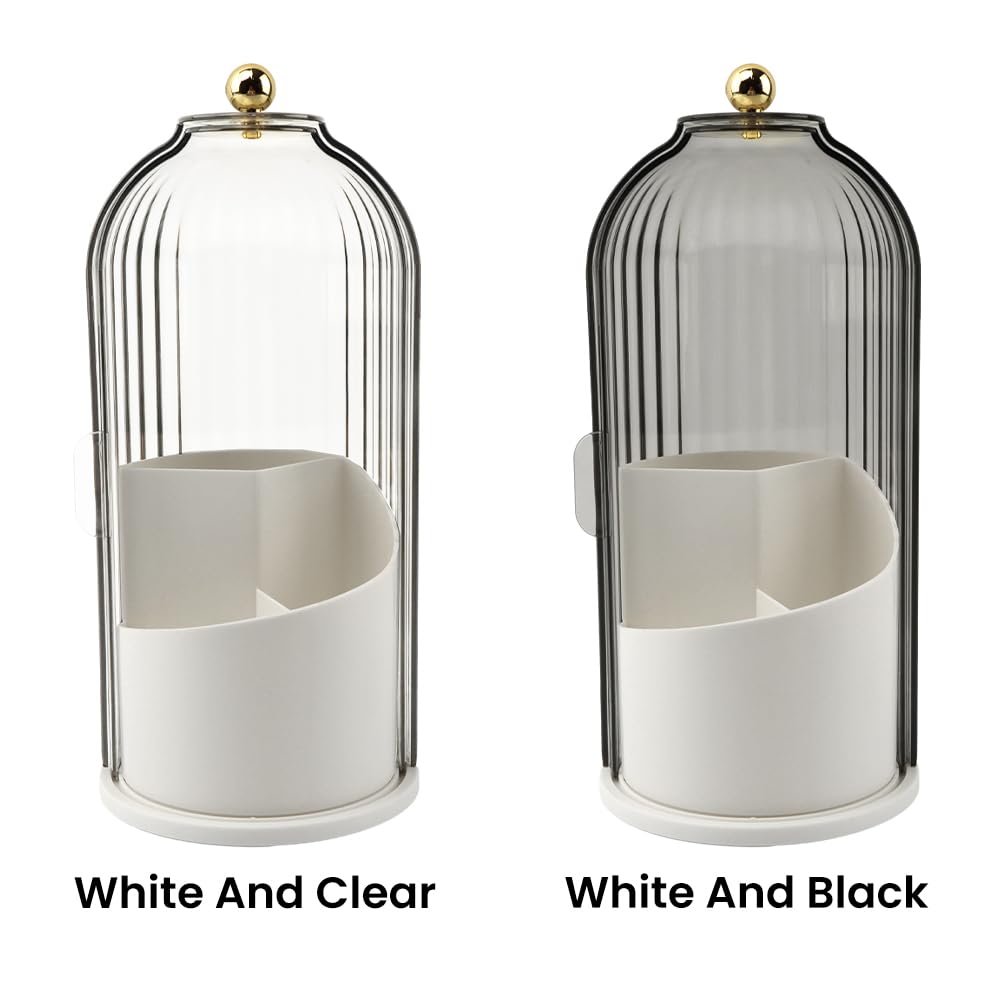 Makeup Brush Holder with Lid, 360 Rotating Sliding Opening Cosmetic Tools Organizer, Waterproof Dustproof Makeup Brush Organizer for Vanity Desktop Bathroom Countertop(COLOR:White And Black)
