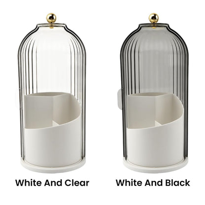 Makeup Brush Holder with Lid, 360 Rotating Sliding Opening Cosmetic Tools Organizer, Waterproof Dustproof Makeup Brush Organizer for Vanity Desktop Bathroom Countertop(COLOR:White And Black)