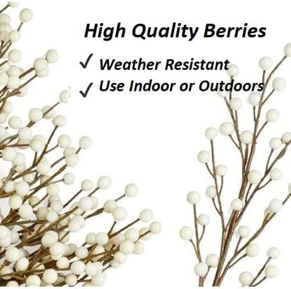 Pack 6 of Artificial Cream Winter White Weatherproof Berry Stem Branches - Waterproof Berries for Indoor and Outdoor