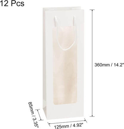 uxcell 12pcs Wine Gift Bags, 4.92"x3.35"x14.2" Paper Tote Bags with Rope Handles, Clear Window for Party Supplies, White