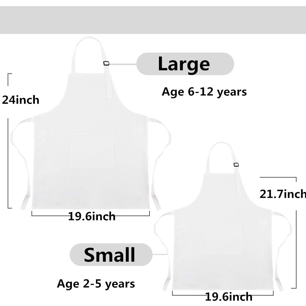 CRJHNS Kids Apron and Chef Hat Set, Adjustable Cotton Child Aprons with Large Pocket White Girls Boys Kitchen Bib Aprons for Cooking Baking Painting