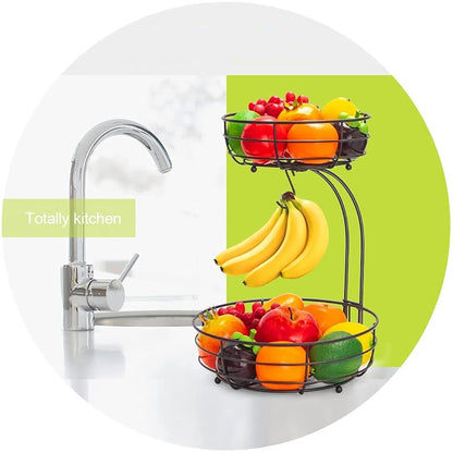 Auledio Iron 2-Tier Countertop Fruit Vegetables Basket Bowl Storage With Banana Hanger, Black, 64 ounces