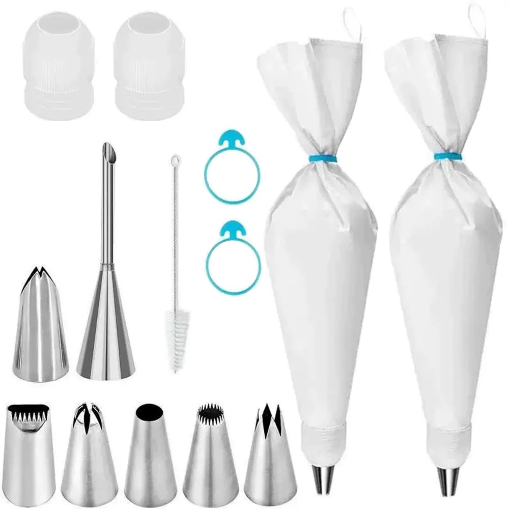 Piping Bags and Tips Set, 14Pcs Cake Decorating Kit with 16 inch Reusable Cotton Pastry Bags, Medium Icing Tips, 2 Couplers, 2 Icing Bags Ties, and Clean Brush