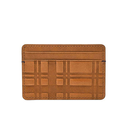 Fossil Men's Bronson Leather Slim Minimalist Card Case Front Pocket Wallet, Camel Plaid Emboss, (Model: ML4566235)