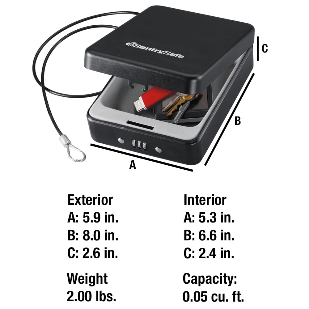 SentrySafe Small Safe, Black Lock Box with Combination Lock for Office or Dorm Secures Money, Passport, Jewelry, 0.05 Cubic Feet, Exterior: 2.6 in. H x 5.9 in. W x 8.0 in. D, ‎P005C