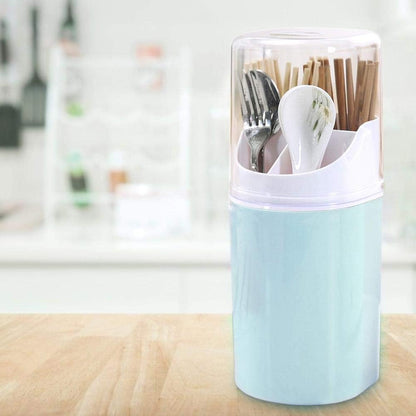 Blue Kitchen Utensil Holder with Cover, 4 Compartment Wall-Mounted Plastic Silverware Holder, Utensil Drying Rack for