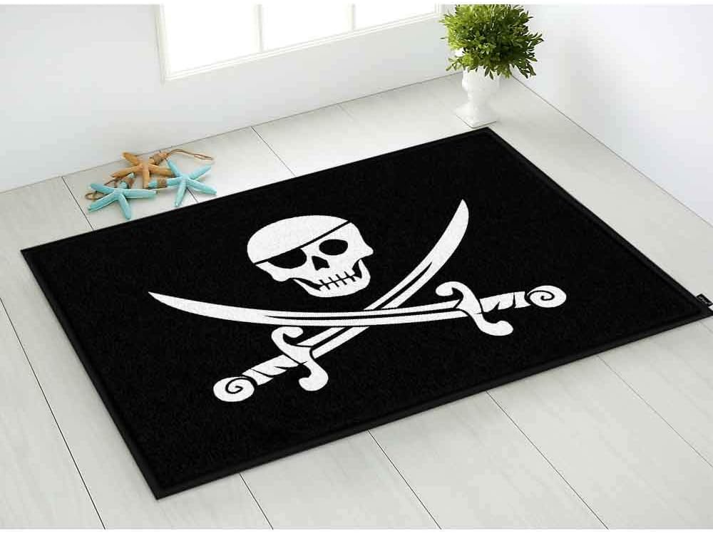 HOSNYE Jolly Roger Pirate Flag Doormat, Super Soft Flannel Fabric with Skull Bayonet Cross, Bath Kitchen Mat
