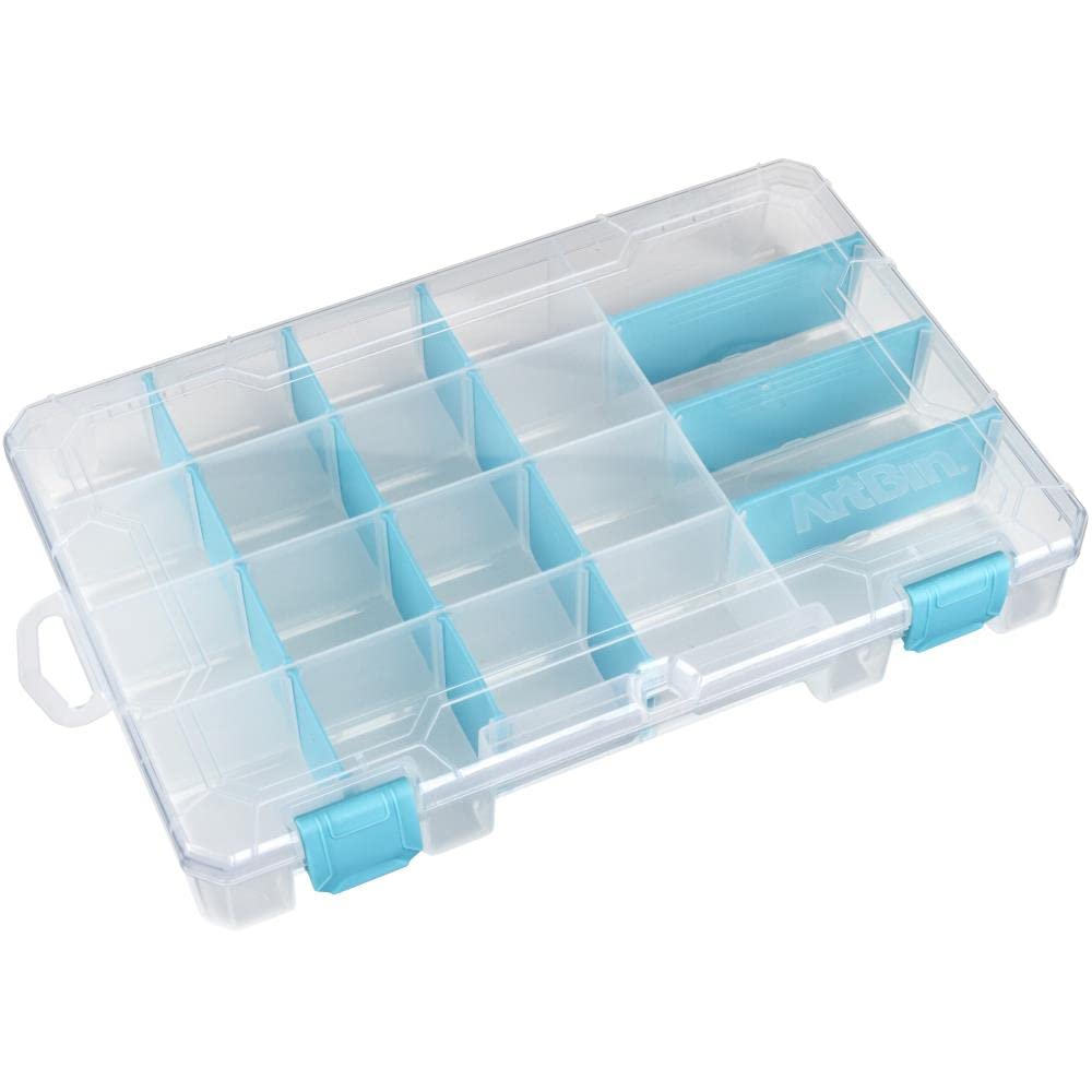 ArtBin 6944AG Medium Anti-Tarnish Box with 15 Removable Dividers, Jewelry & Craft Organizer, 1 Plastic Storage Case with Anti-Tarnish Technology, Clear with Aqua Accents 10.875” x 7.0” x 1.75”