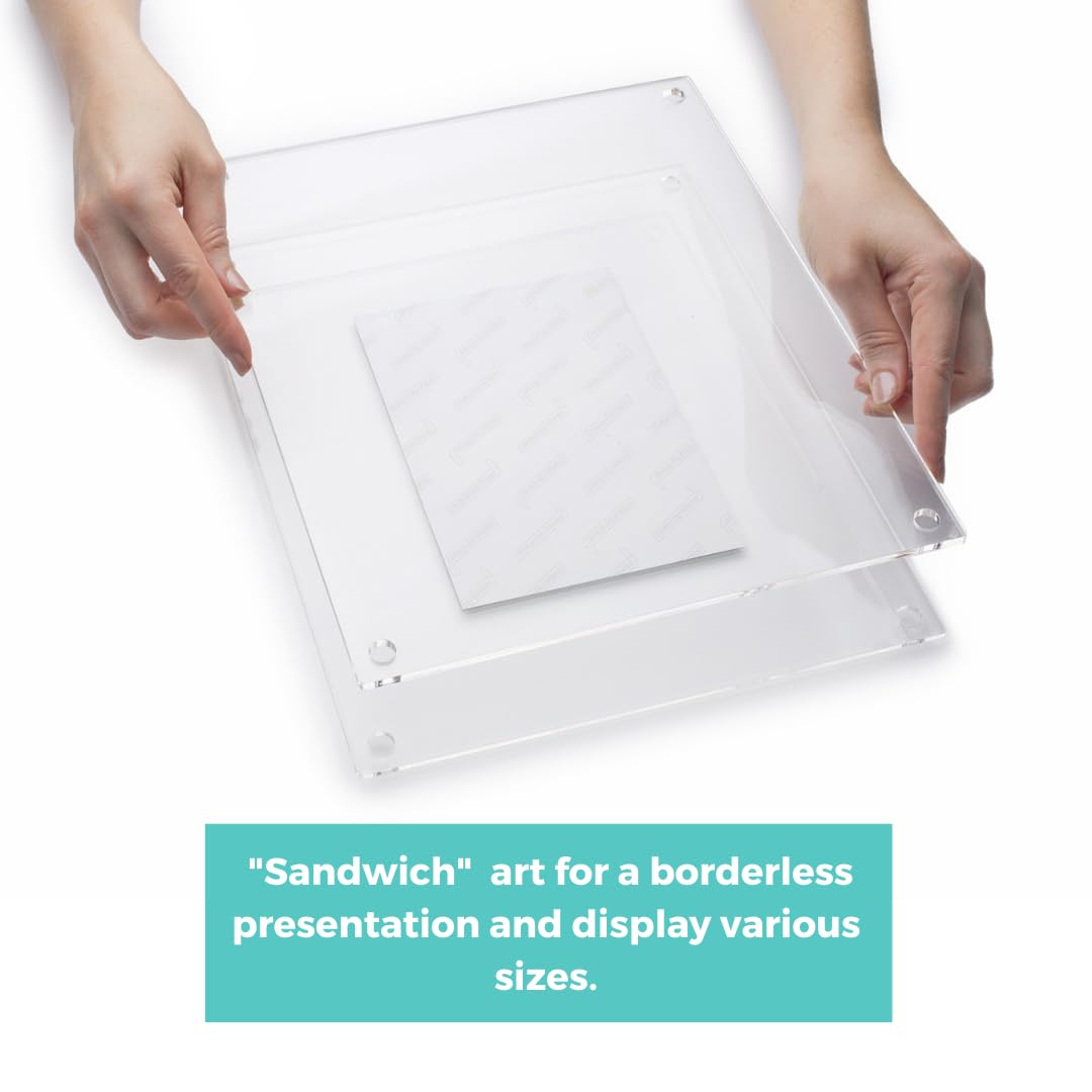 Wexel Art 20x20" Clear UV Grade Acrylic Floating Picture Frame Double Panel Photo Display with Silver Hardware for Hanging Contemporary Art and Images on Wall