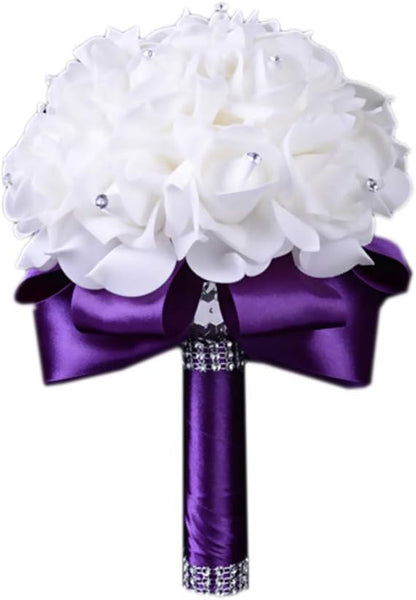 Wedding Bouquets for Bride, White, Bridesmaid Holding Flowers for Wedding Decoration (Purple+White)