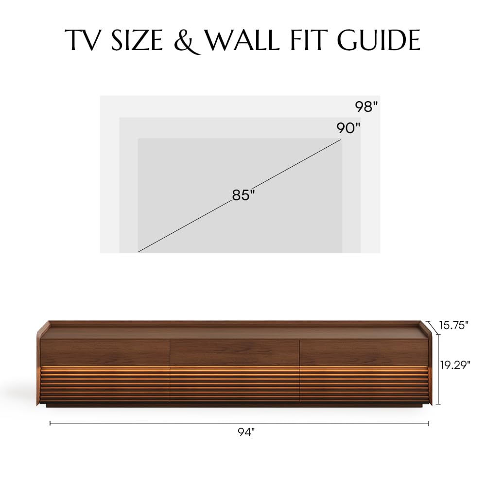POVISON Fully-Assembled Mid Century Modern TV Stand, 94.49" Wood Media Console with Adjustable LED Light, Entertainment Center with Storage for Living Room