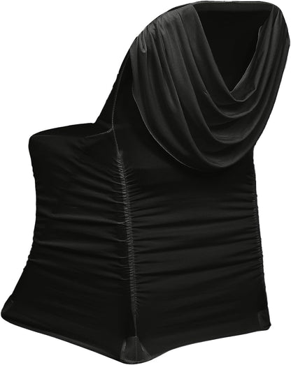 Efavormart Spandex Fitted Folding Chair Cover Black with Ruched Swag Back and Foot Pockets Durable Stretch Slipcover