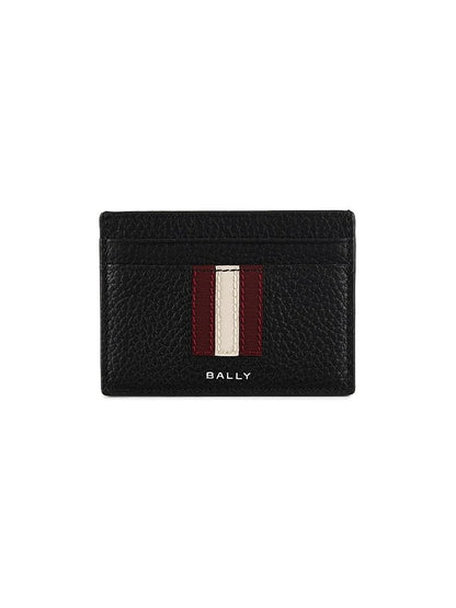 Bally, Logo Ribbon Leather Card Case, Black Bally Red Palladio