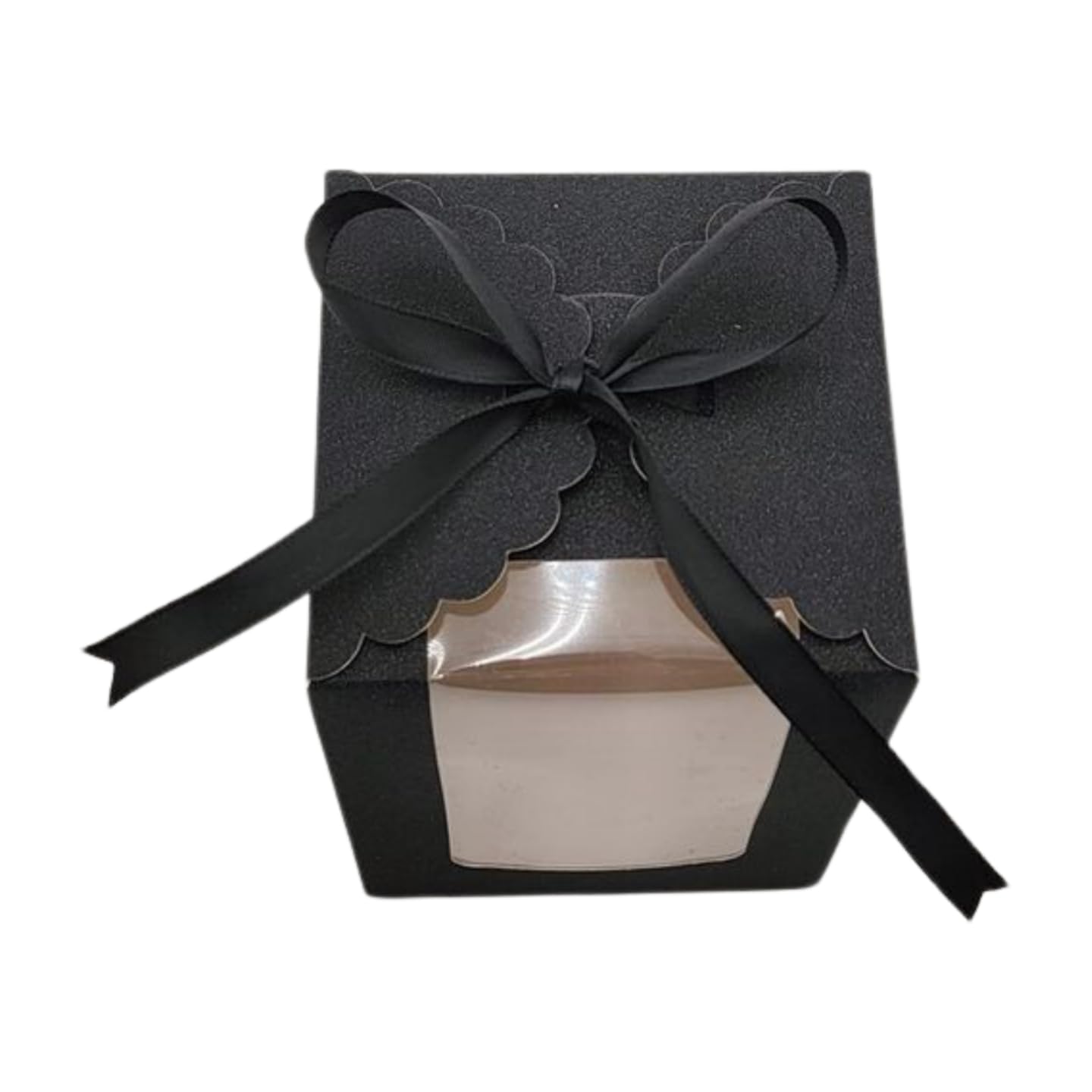 Black Sparkling Favor Boxes-40 Ct Large 4"x4"x5" Clear Window. Includes 2 Ribbons (40 White 40 Black) Stemless Wine Glass Gift Box. Bottom Insert for Durability. Ideal for Weddings, Events, Halloween