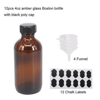 BPFY 12 Pack 4 oz Amber Boston Glass Bottle with Black Cap, Funnel, Labels for Homemade Vanilla Extract, Essential Oils, Wedding