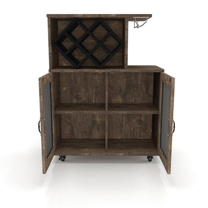 BOWERY HILL 4-Shelf Transitional Wood Mini Bar, Reclaimed Oak Finish, MDF and Particle Board, 15.7" W x 31.5" D x 41.3" H, Mobile Caster Wheels, Built-in Wine Bottle Slots, Glassware Rack, Adjustable