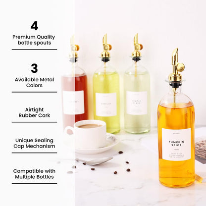 Molimoli Liquor Pour Spout Made of Stainless Steel with Automatic Anti-Oxidation Mechanism, Bottle Pourers for Alcohol, Olive Oil Dispenser Spout, Wine Pourer Spout, Oil Bottle Spout, Pack of 4, Gold