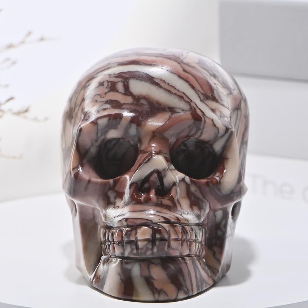 Bmuafry 5''Natural Chocolate Crystal Skull Head Hand Carved Reiki Healing Stone Statue Healing Home Office Art Room Decoration
