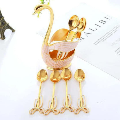 6PCS Coffee Spoons Set, Dessert Spoons with Swan Base Holder, Stainless Steel Small Spoons for Ice Cream