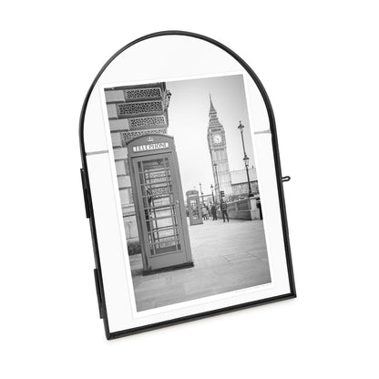 Isaac Jacobs 5x7 Vintage Style, Arched Brass & Glass Metal Floating Picture Frame with Locket Closure (Vertical), Made for Tabletop Display (5x7 Vertical, Black)