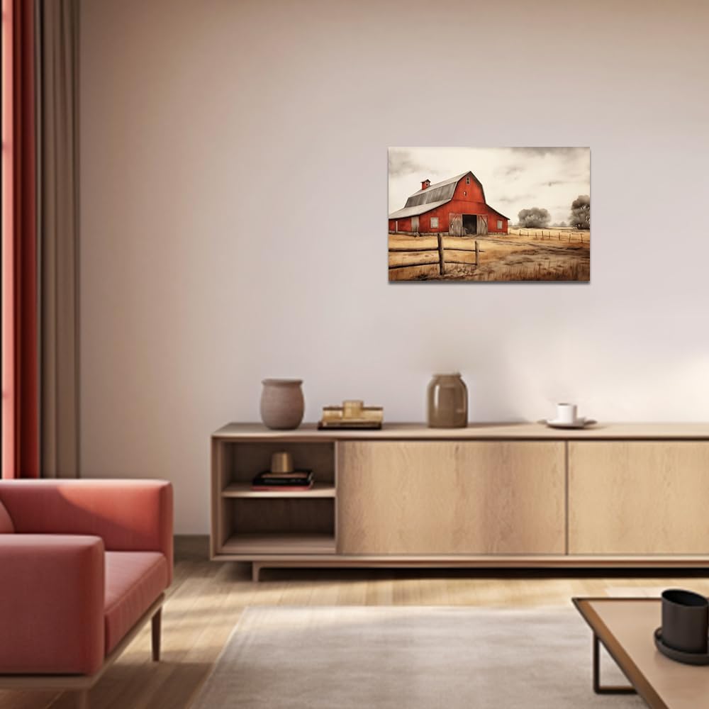 QIXIANG Old Barn Picture Wall Decor - Red Barn Canvas Print Rustic Scenery for Farmhouse Bathroom Decor