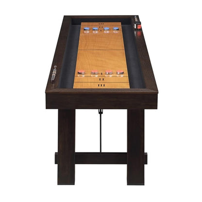 Bowery Hill Shuffleboard Table, Brown Finish, Spruce Veneer with Solid Wood Legs, Transitional Style, Includes Game Pucks, Brush, Wax, Scorers, Perfect for Game Room Entertainment