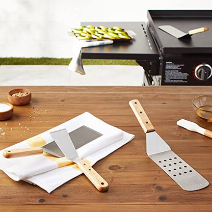 Amazon Basics 4-Piece Stainless Steel BBQ Grilling Tool Set for Outdoor Cooking, Griddle Spatula, Heat Resistant, Dishwasher Safe, Silver
