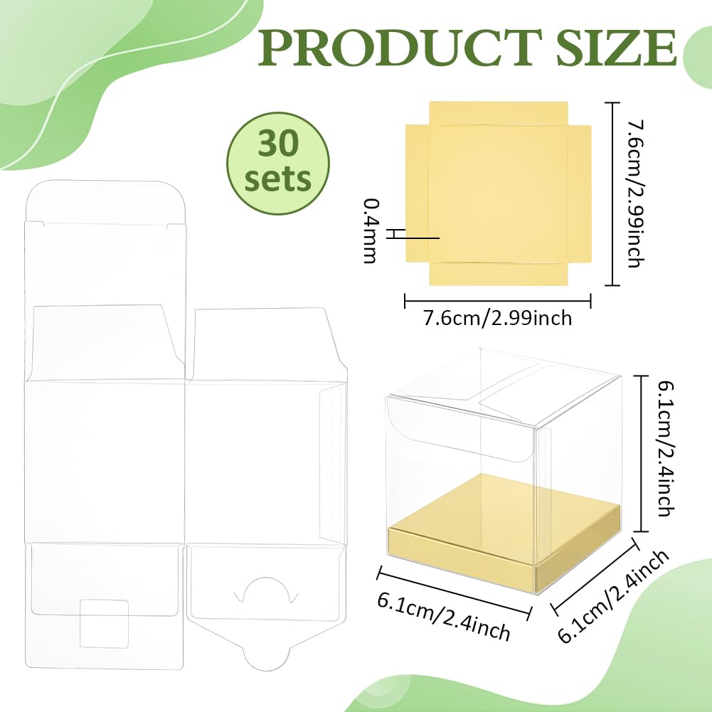 BENECREAT 30 Pcs Clear Gift Boxes, 2.4x2.4x2.4 Inch Folding PVC Favor Boxes with Gold Paper Card Base for Wedding Birthday Party Festival Gift Packaging