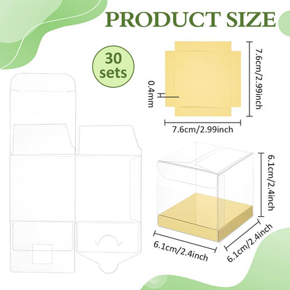 BENECREAT 30 Pcs Clear Gift Boxes, 2.4x2.4x2.4 Inch Folding PVC Favor Boxes with Gold Paper Card Base for Wedding Birthday Party Festival Gift Packaging