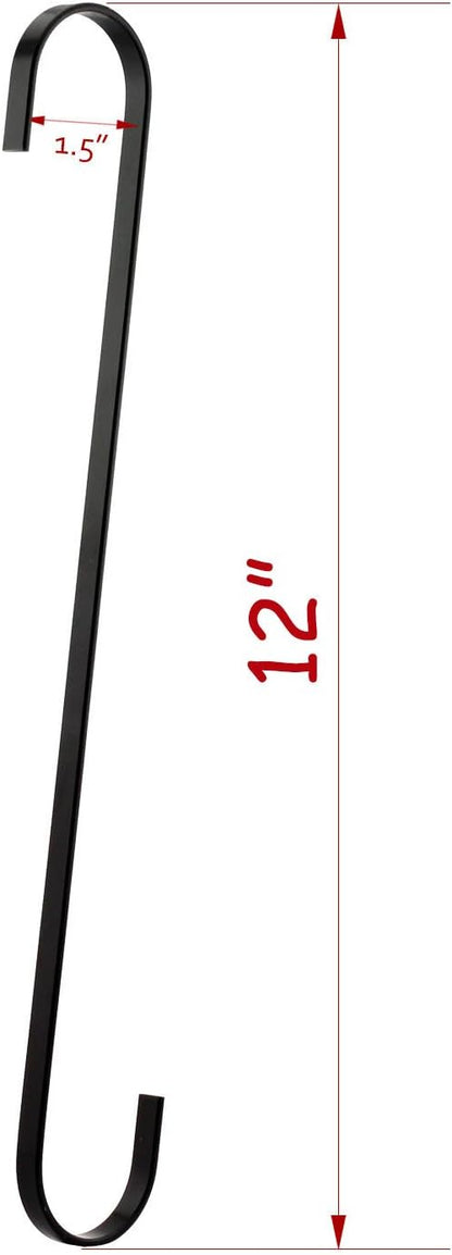 4-Pack 12 Inch Black Chrome Finish Steel Hanging Flat Hooks - Heavy-Duty S Hooks for Kitchenware, Plants, Towels